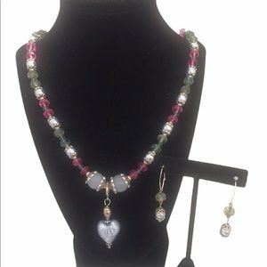 Gorgeous Glass Heart Beaded Necklace And Earrings